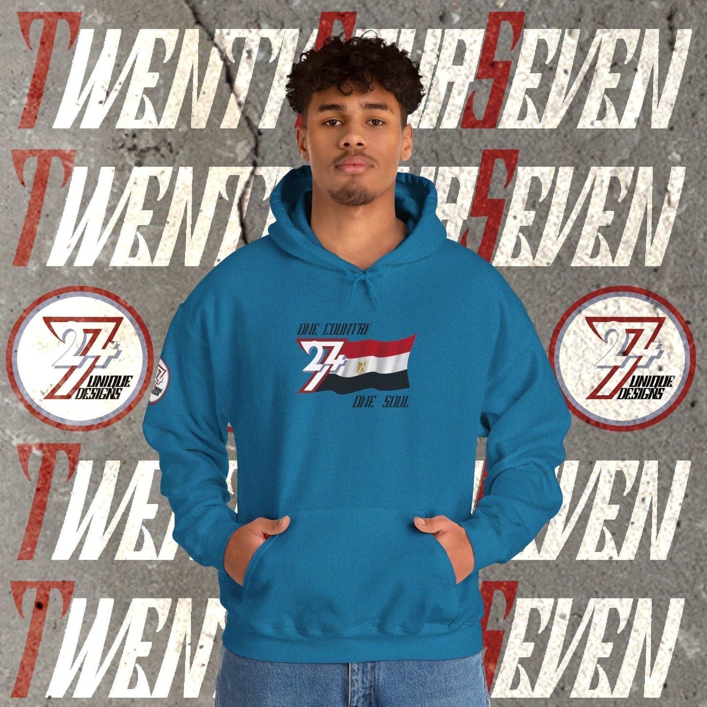 Model wearing the Egypt "Eternal" edition hoodie in Ocean Blue, showing a modern, refined streetwear look.