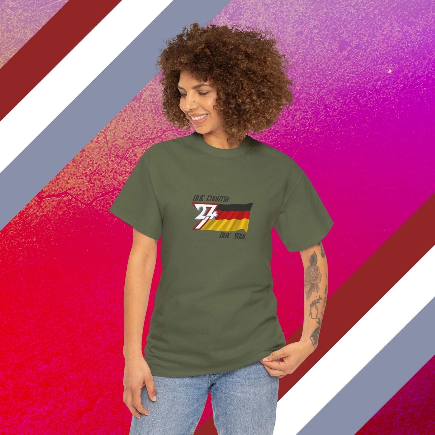 Female model wearing the Germany "Legacy" edition tee in **Army Green**, showing a premium streetwear fit for German pride.