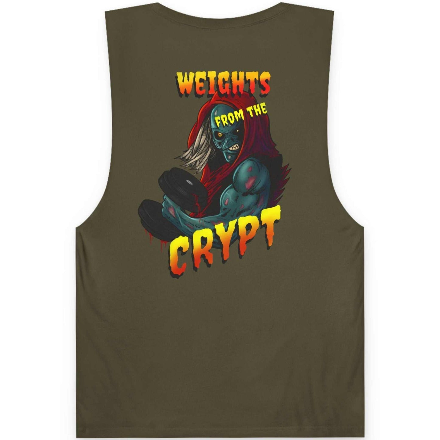 Back view of an army green retro horror graphic tank top displaying the bold gym comic design.