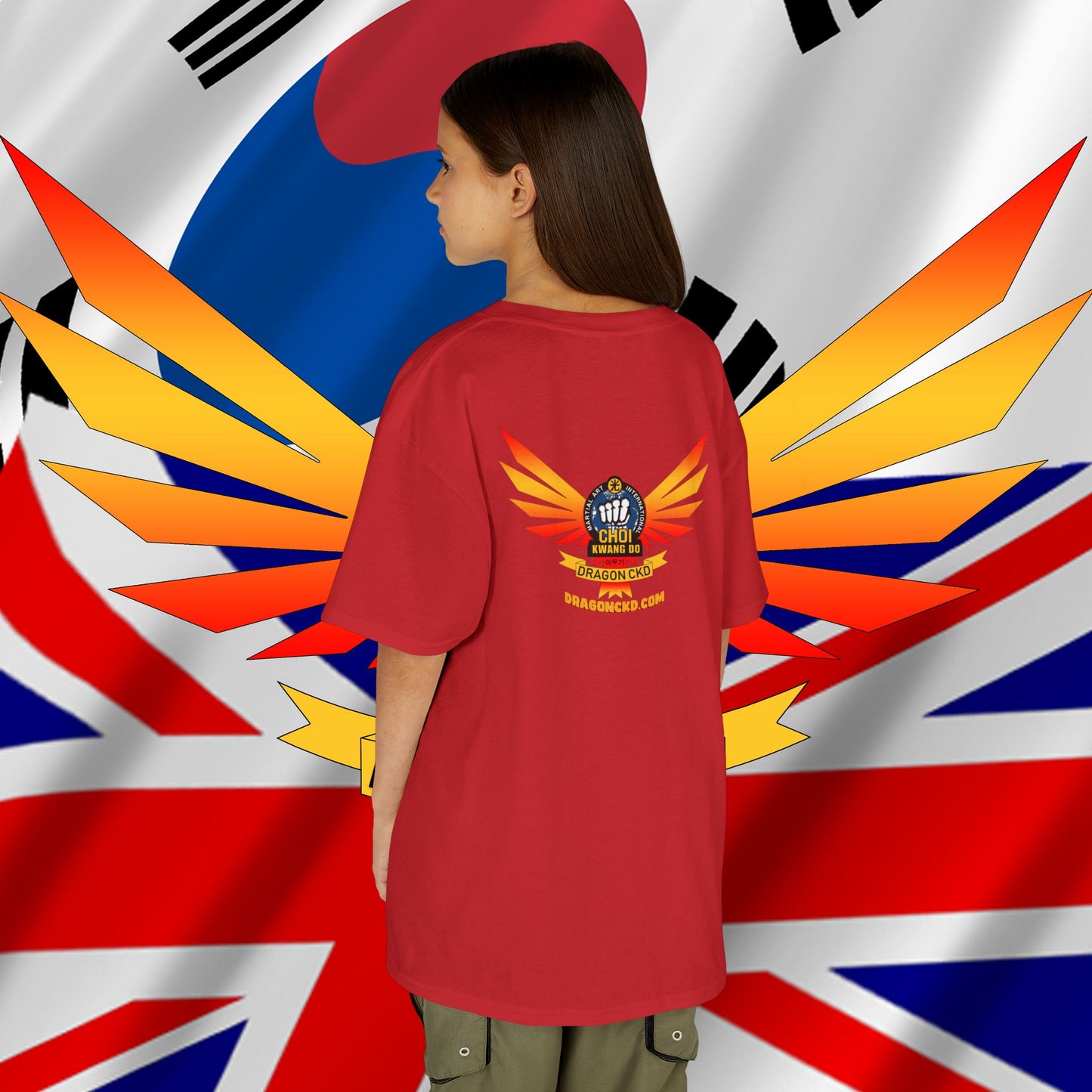 Back view of girl wearing the Red Choi Kwang Do t-shirt for children
