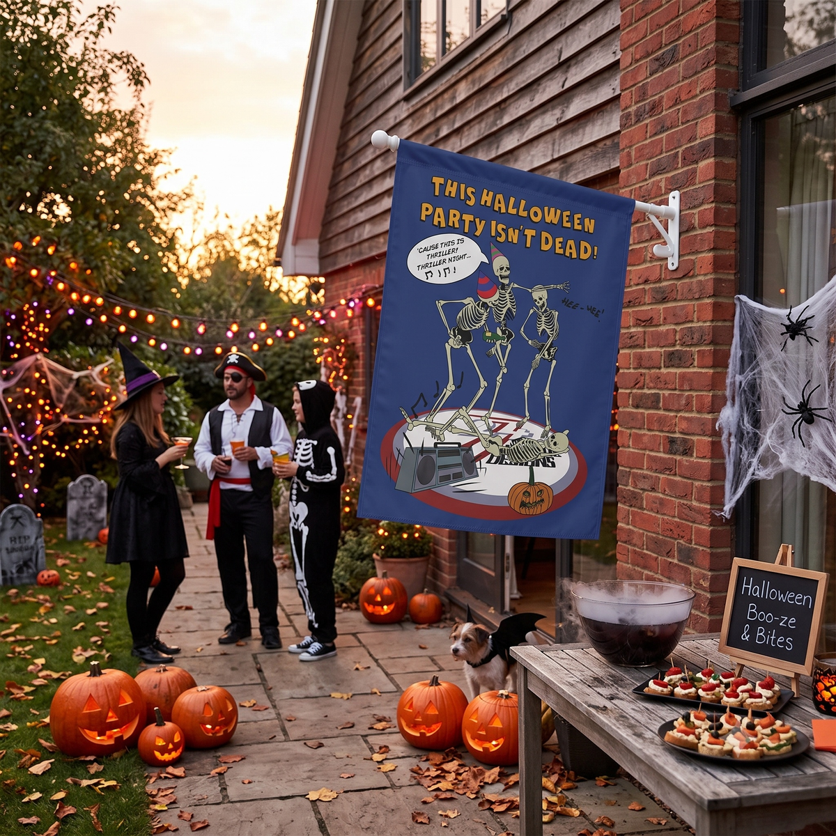 Vibrant outdoor Halloween party in a decorated backyard patio, featuring guests in costumes mingling next to the mounted funny dancing skeleton house banner.