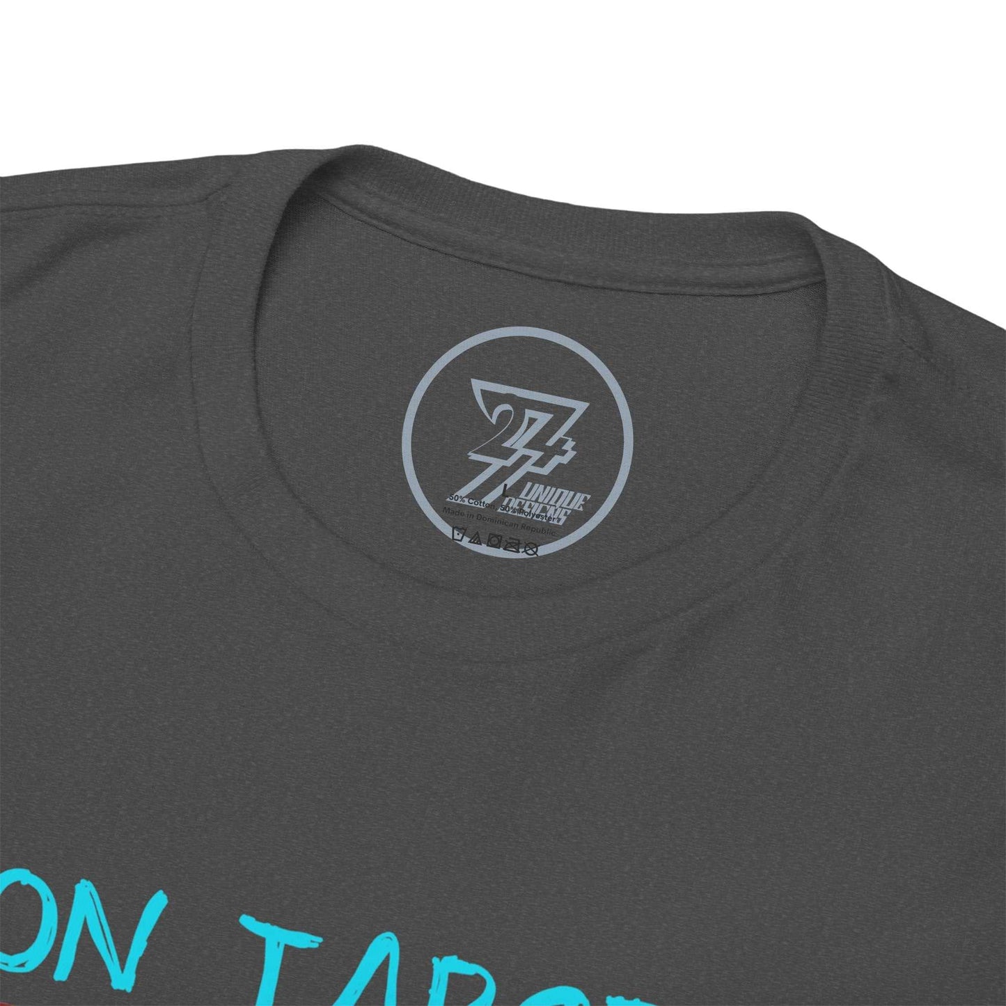 Close-up of the seamless crew neckline on the dark heather fighter shirt, clearly showing the official 24/7 Unique Designs trademark logo inner label branding.
