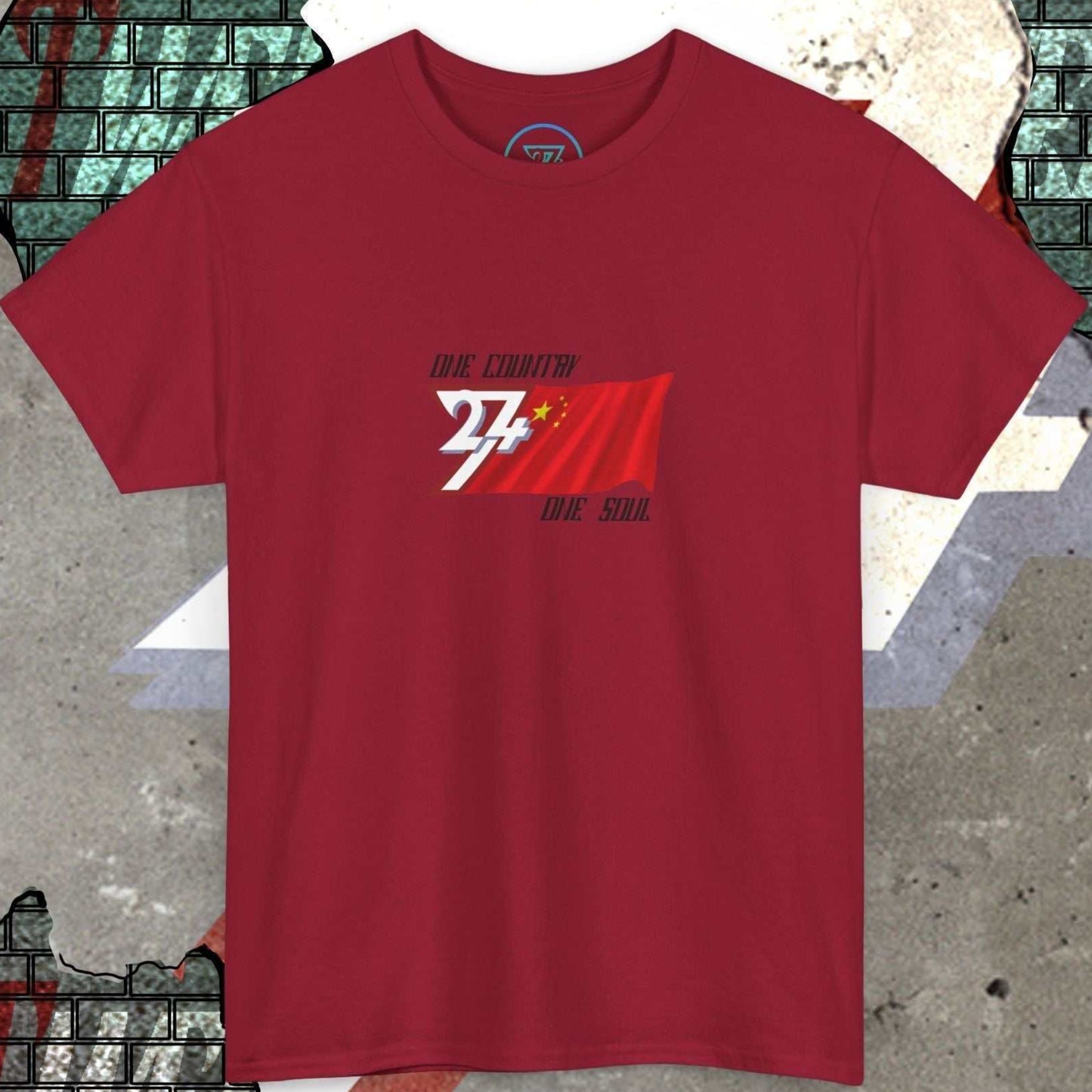 A full-view Deep Red China pride t-shirt featuring our exclusive "One Country One Soul" refined artist print.