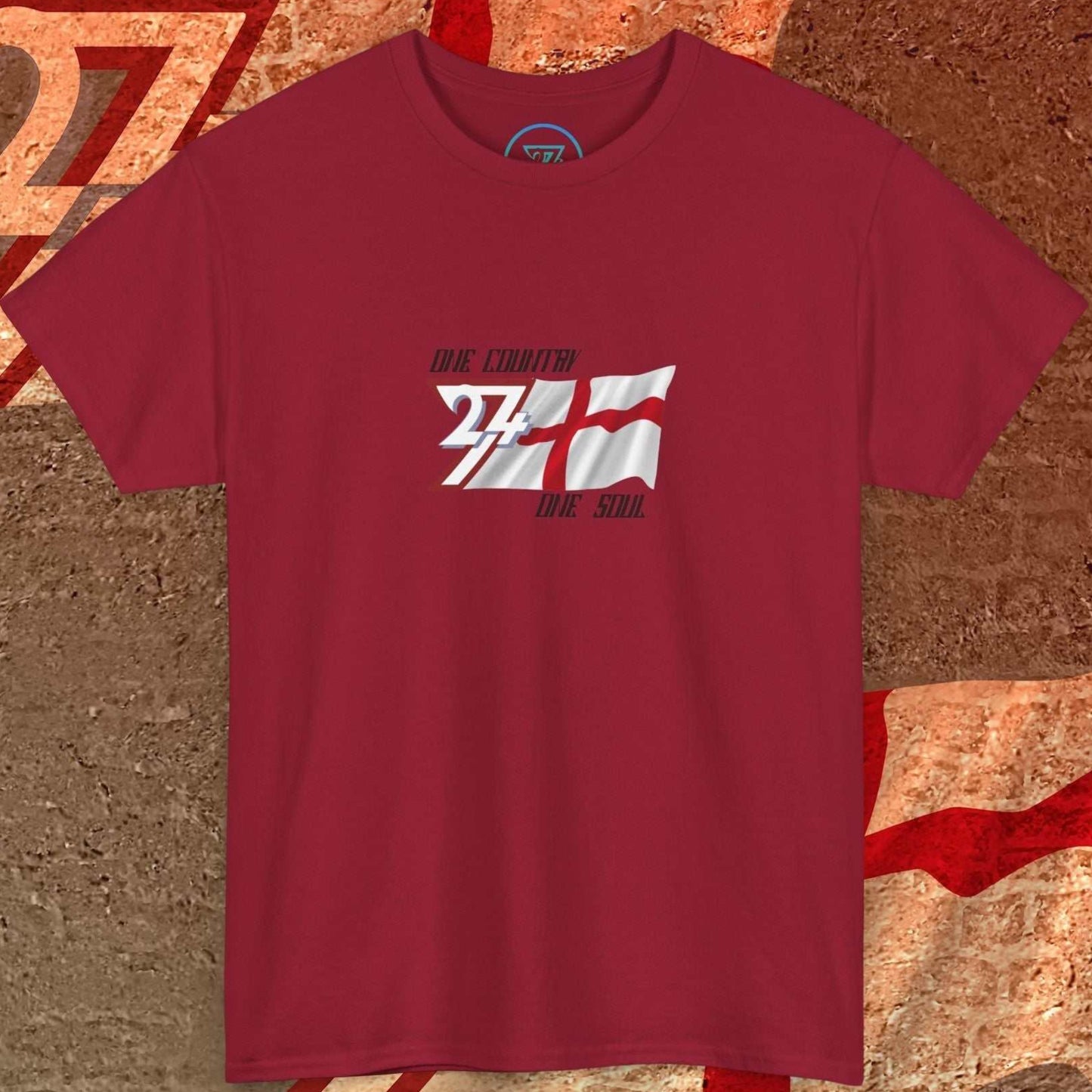 A full-view Deep Red England pride t-shirt featuring our exclusive "One Country One Soul" refined artist print.