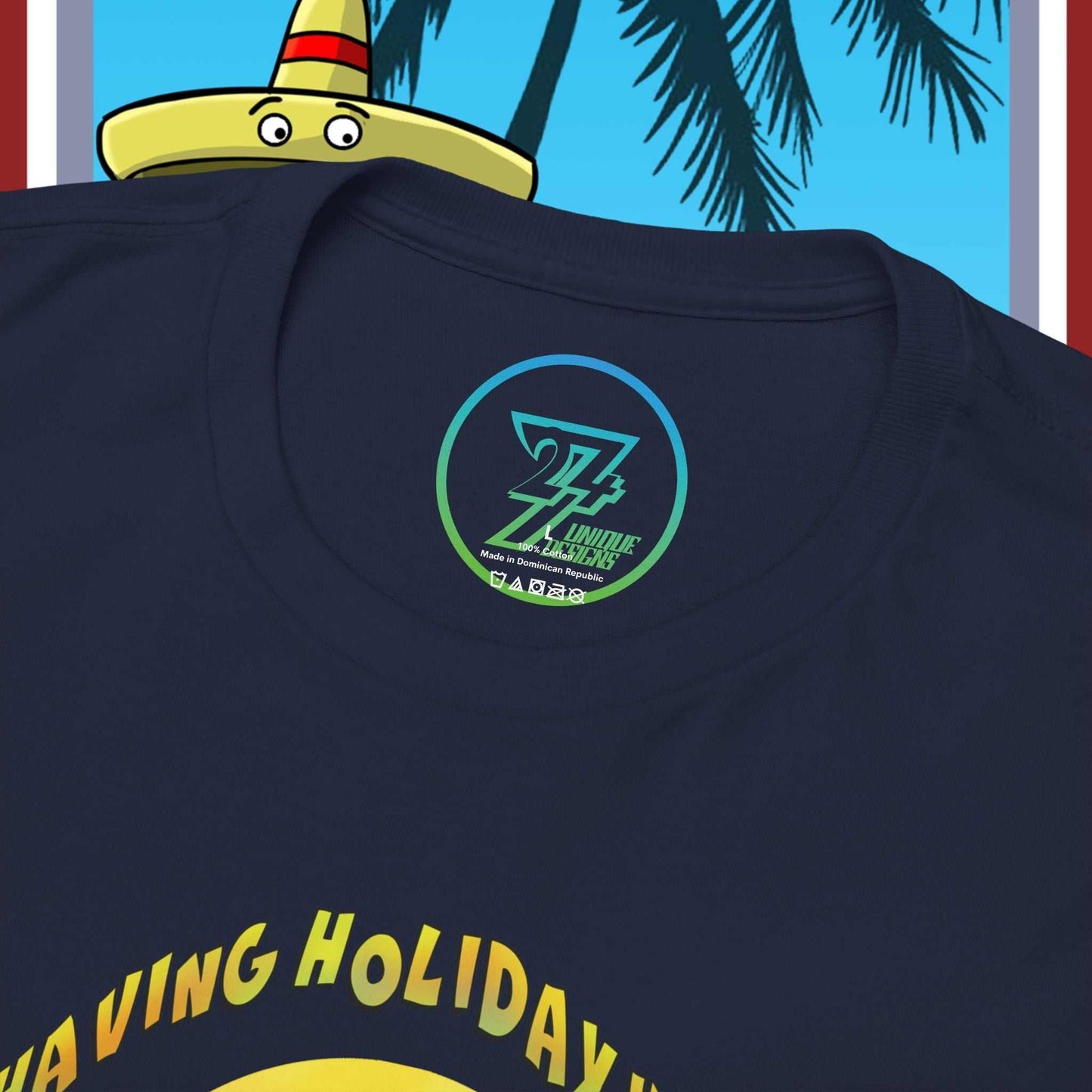 Close-up detail of the 24/7 Unique Designs hand-drawn banana boat graphic on Navy Blue.