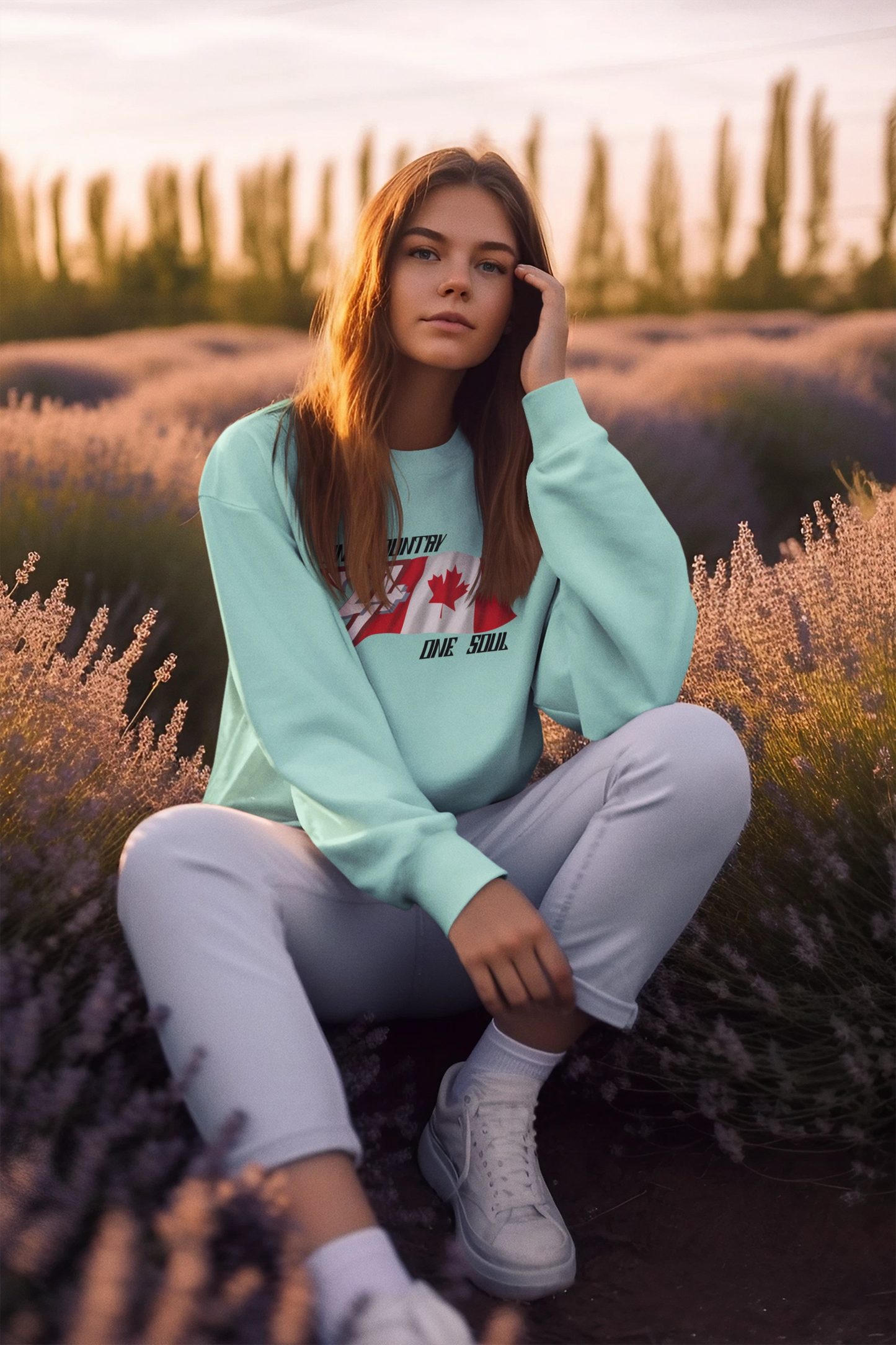 Female model styling the light blue Canadian national pride pullover in a casual everyday look.