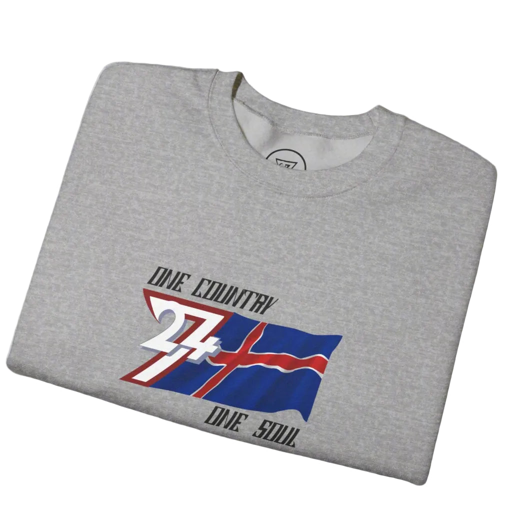 Folded gray crewneck sweatshirt featuring a hand-drawn Iceland flag with "One country one soul" slogan on front
