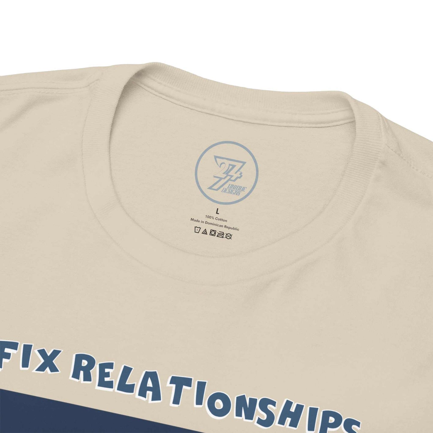 Beige funny IT pro tee collar view with 24/7 unique designs logo