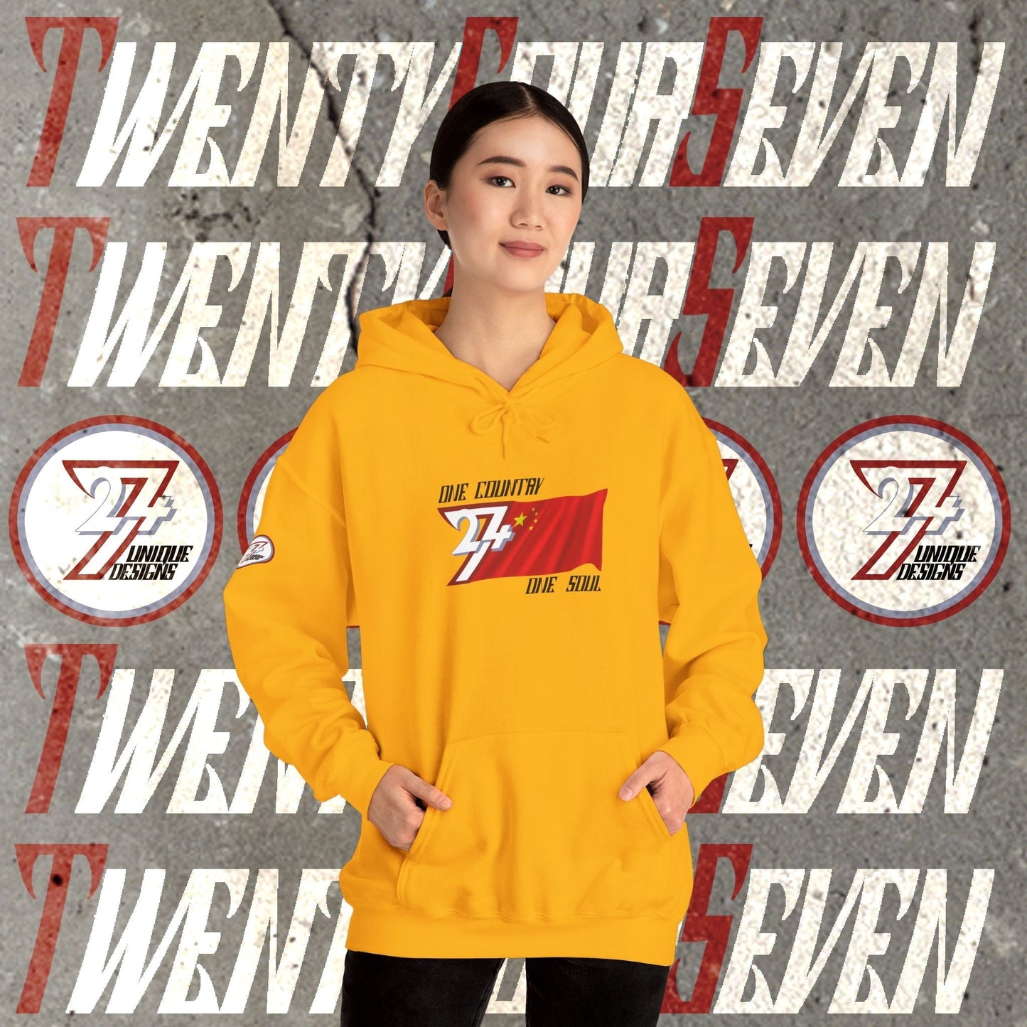 Model wearing the China "Empire" edition hoodie in Gold, showing a bold, modern streetwear look.
