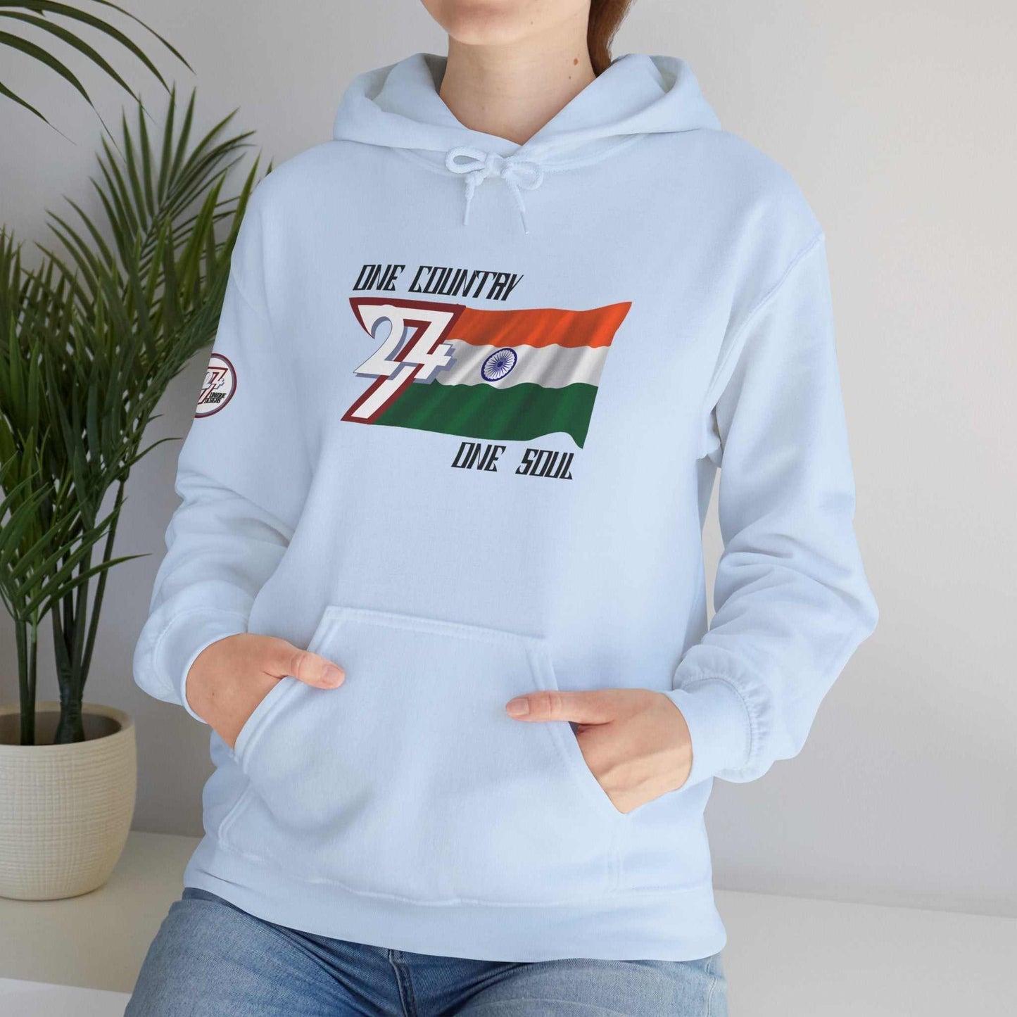 Model wearing the Bharat "Aspirant" edition hoodie in Light Blue, showing a modern, refined Indian streetwear look.