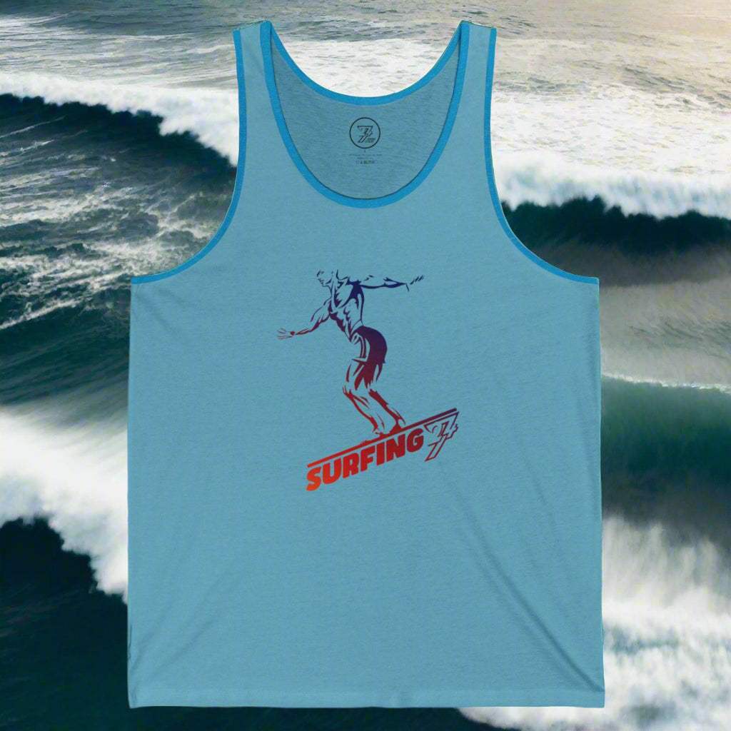 Light Blue Surfing Tank Top with fiery red-blue graphic art.