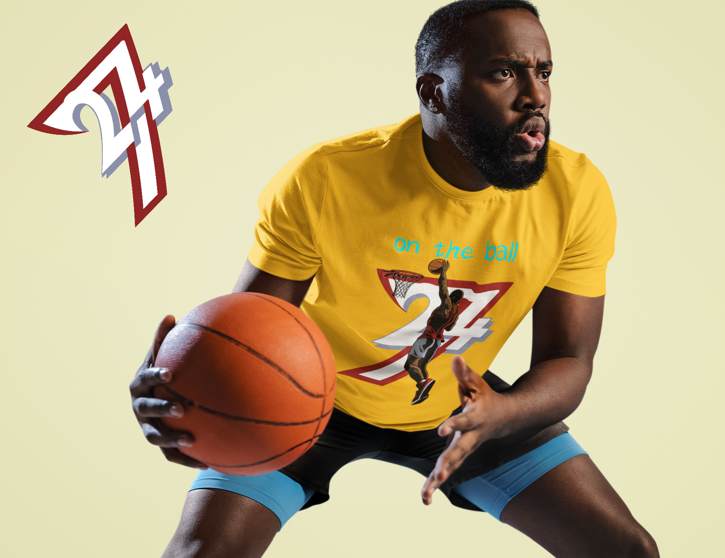 Athletic male basketball player in an intense, active stance holding a basketball, wearing the vibrant gold 90s comic-style basketball tee featuring the crisp digital "On the Ball" graphic.