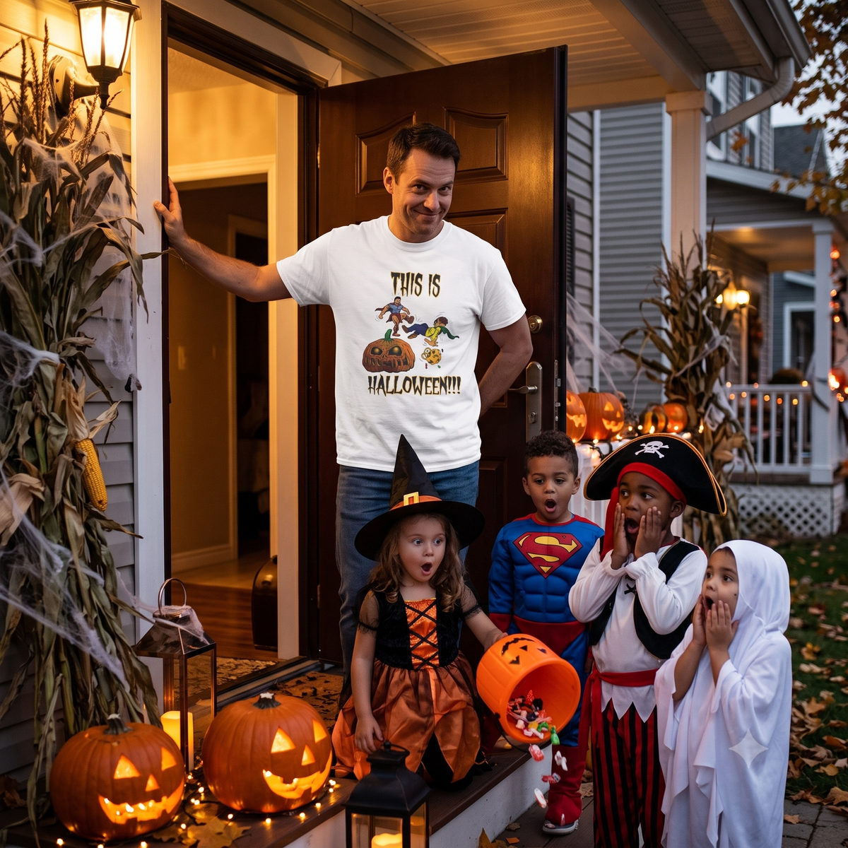 Amused man standing at his decorated front door handing out candy, wearing the white This is Halloween t-shirt while a group of costumed kids look on in surprise.