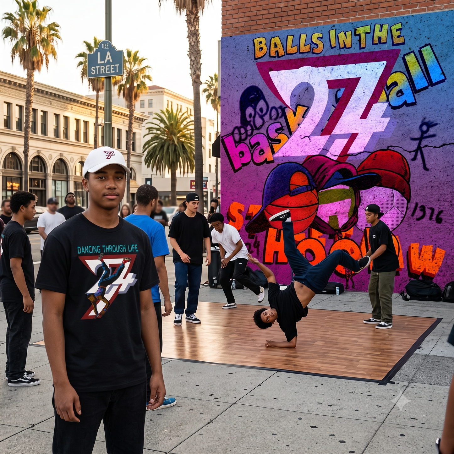 A young man wearing the black urban streetwear t-shirt and a white 24/7 baseball cap stands in the foreground of a bustling street dance cypher, with breakdancers and vibrant graffiti in the background.