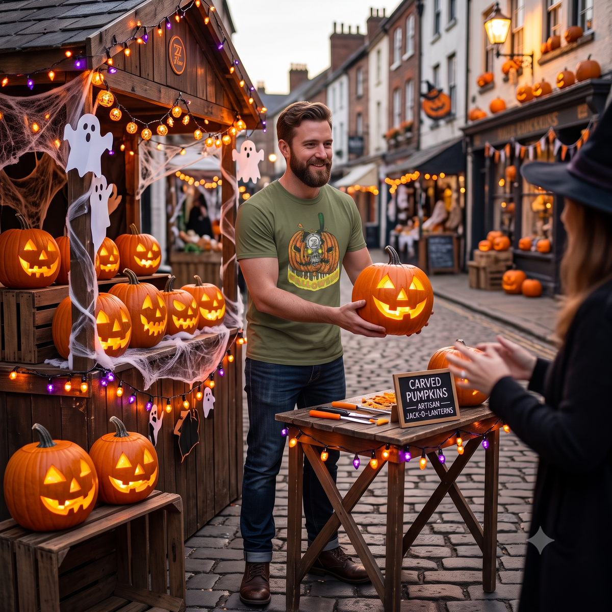 Smiling man standing at a festive outdoor autumn market holding a freshly carved glowing jack-o'-lantern, wearing the army green Pumpkin Skull Halloween Tee.