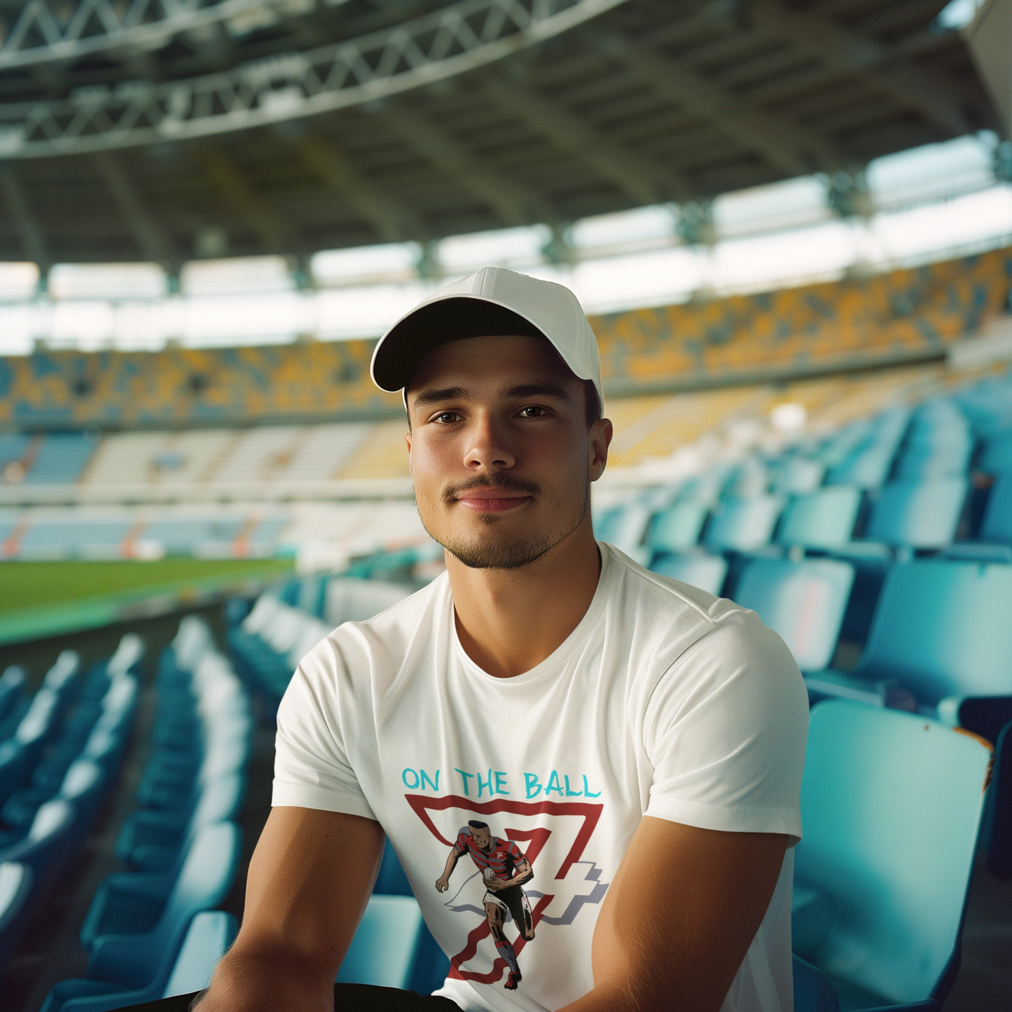 Smiling young man sitting in empty stadium seating wearing a white cap and the white hand-drawn rugby graphic tee, getting ready for game day.