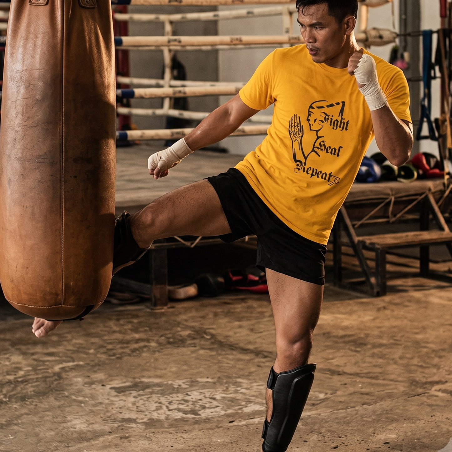 Male fighter delivering a heavy low kick to a vintage leather bag, wearing the bold gold combat sports shirt to showcase the traditional Muay Thai aesthetic.