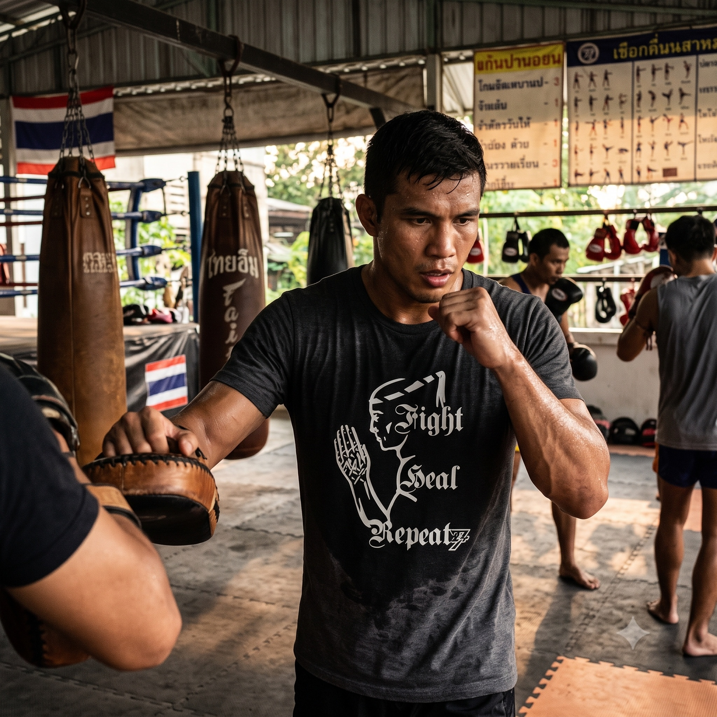 A focused martial artist performing pad work in an authentic Thai boxing gym with heavy bags in the background, wearing the dark heather Muay Thai warrior t-shirt to showcase its rugged streetwear fit.