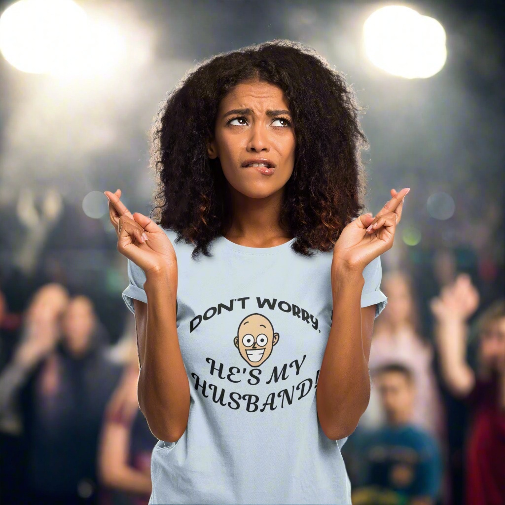 Front facing woman showing the fit of the light blue funny kiss cam shirt.