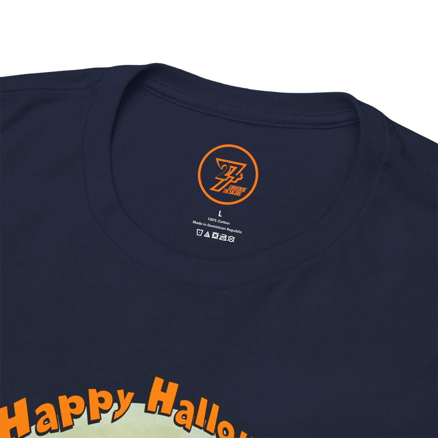 Detail shot of the shoulder tape and neckline on the navy blue seasonal apparel.
