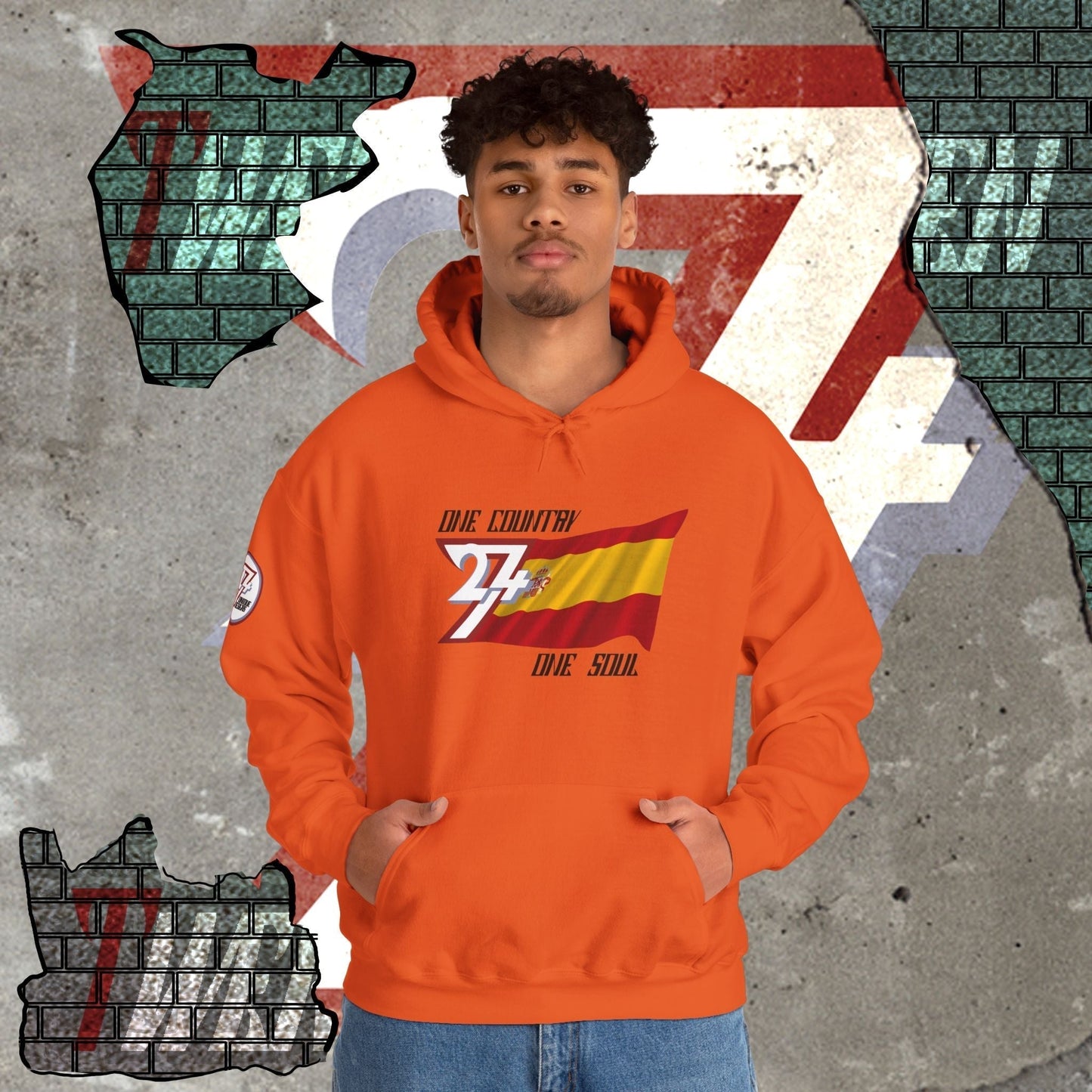 Model wearing the España "Pasión" edition hoodie in Orange, showing a modern, refined Mediterranean streetwear look.