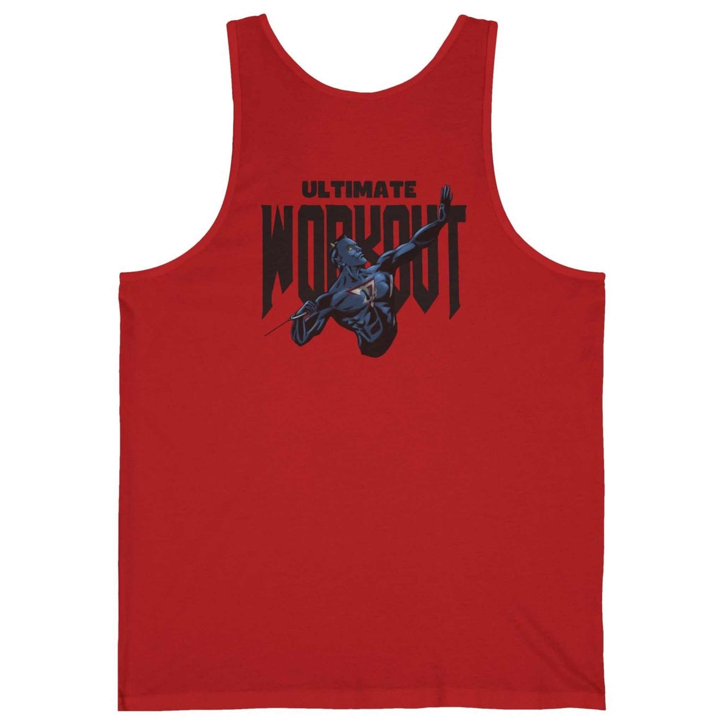 Back view of a red funny muscle tank highlighting the detailed blue character gym illustration.