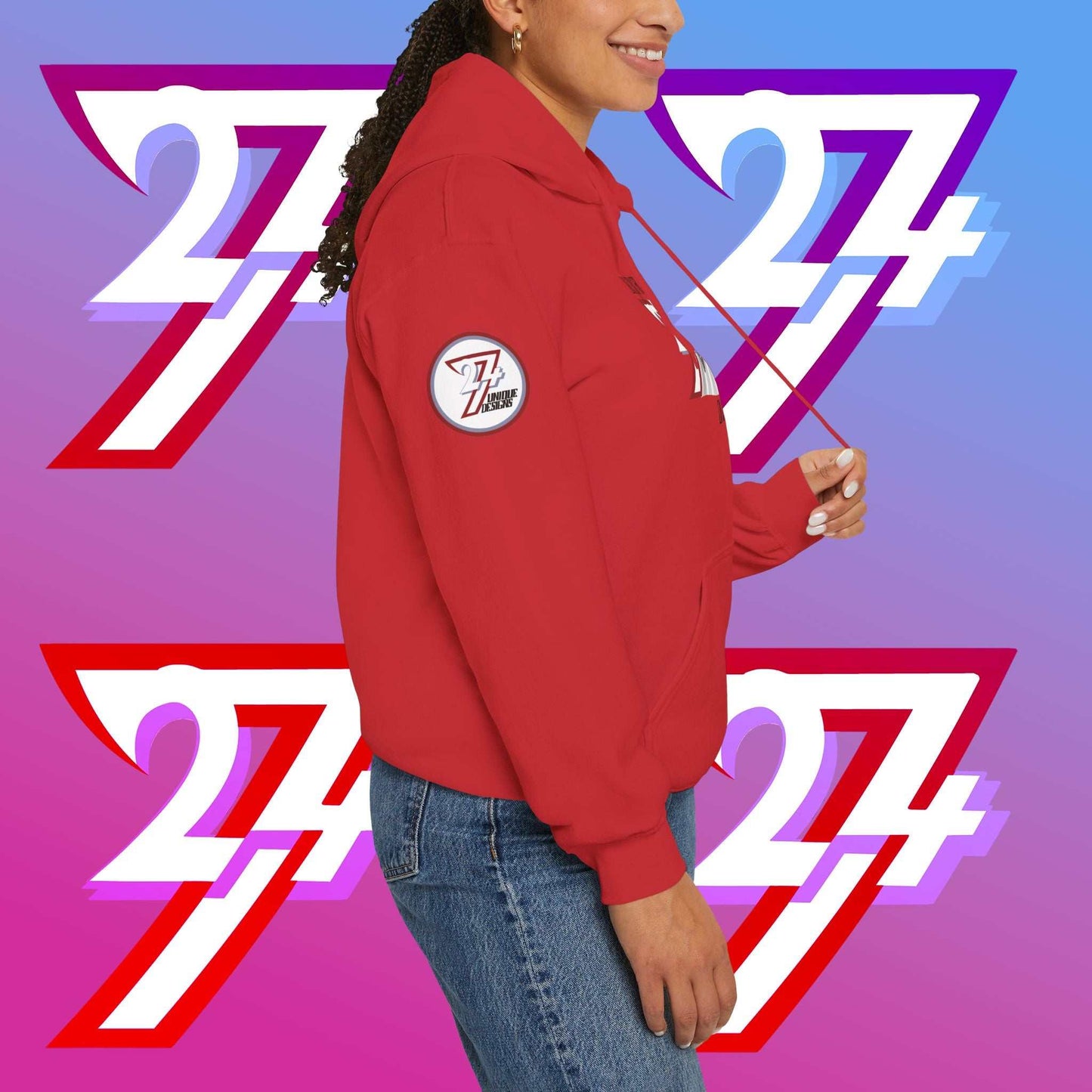 Close-up profile of the South Korea flag hoodie showing the original red-blue-white 24/7 Unique Designs trademark logo on the right sleeve.