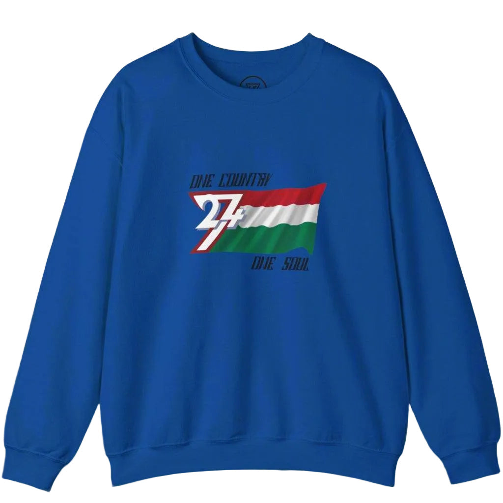 Blue unisex sweatshirt with Hungary flag and "One Country One Soul" text design