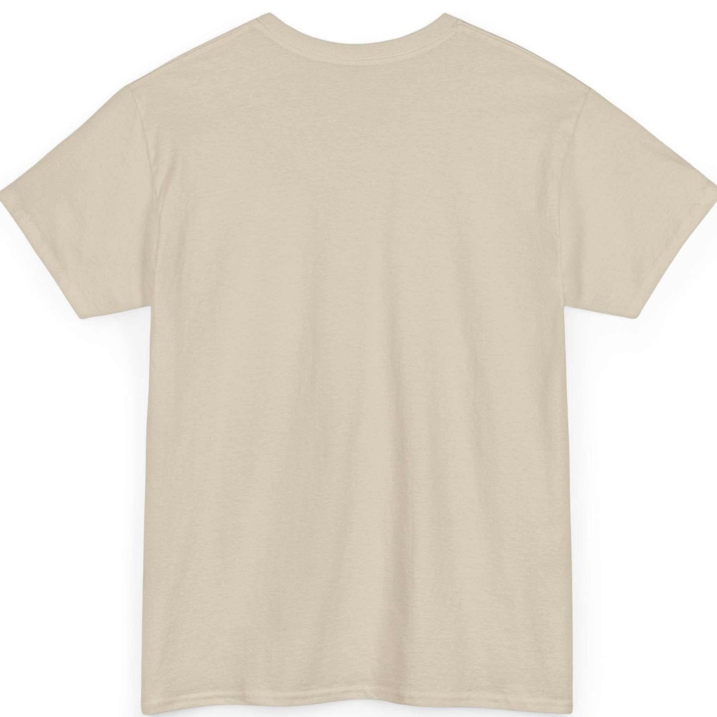 Back view of the sand urban streetwear comic art t-shirt, showing the clean, unprinted cotton tubular back canvas.