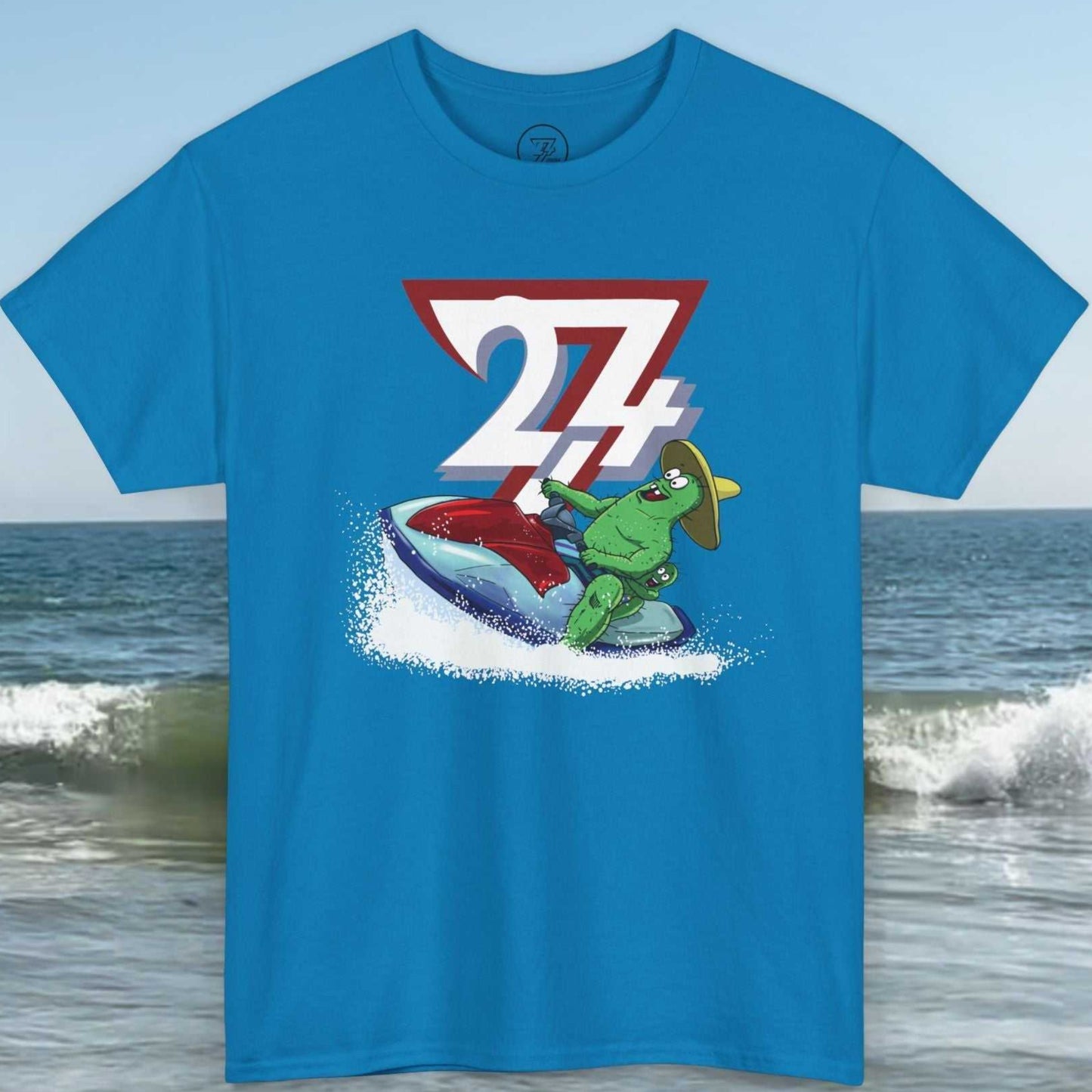 Sapphire Blue Cactus Shirt showing Leonando and Littleando on a jetski front view.