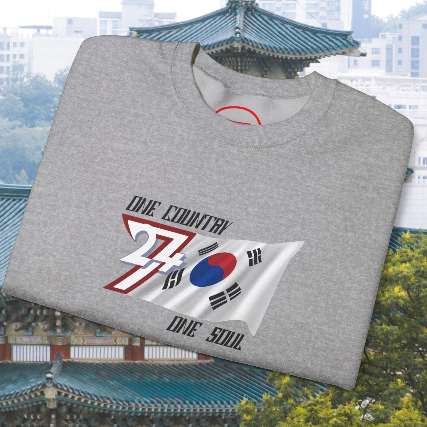 Grey crewneck sweatshirt with hand-drawn South Korean flag graphic and "One Country One Soul" text