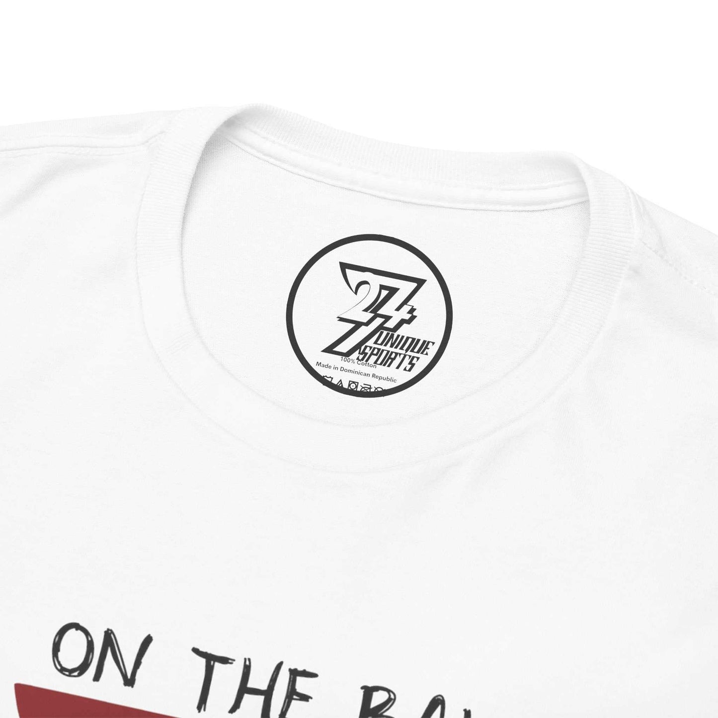 Close-up of the seamless crew neckline on the white athletic shirt, clearly showing the official 24/7 Unique Designs trademark logo inner label branding.