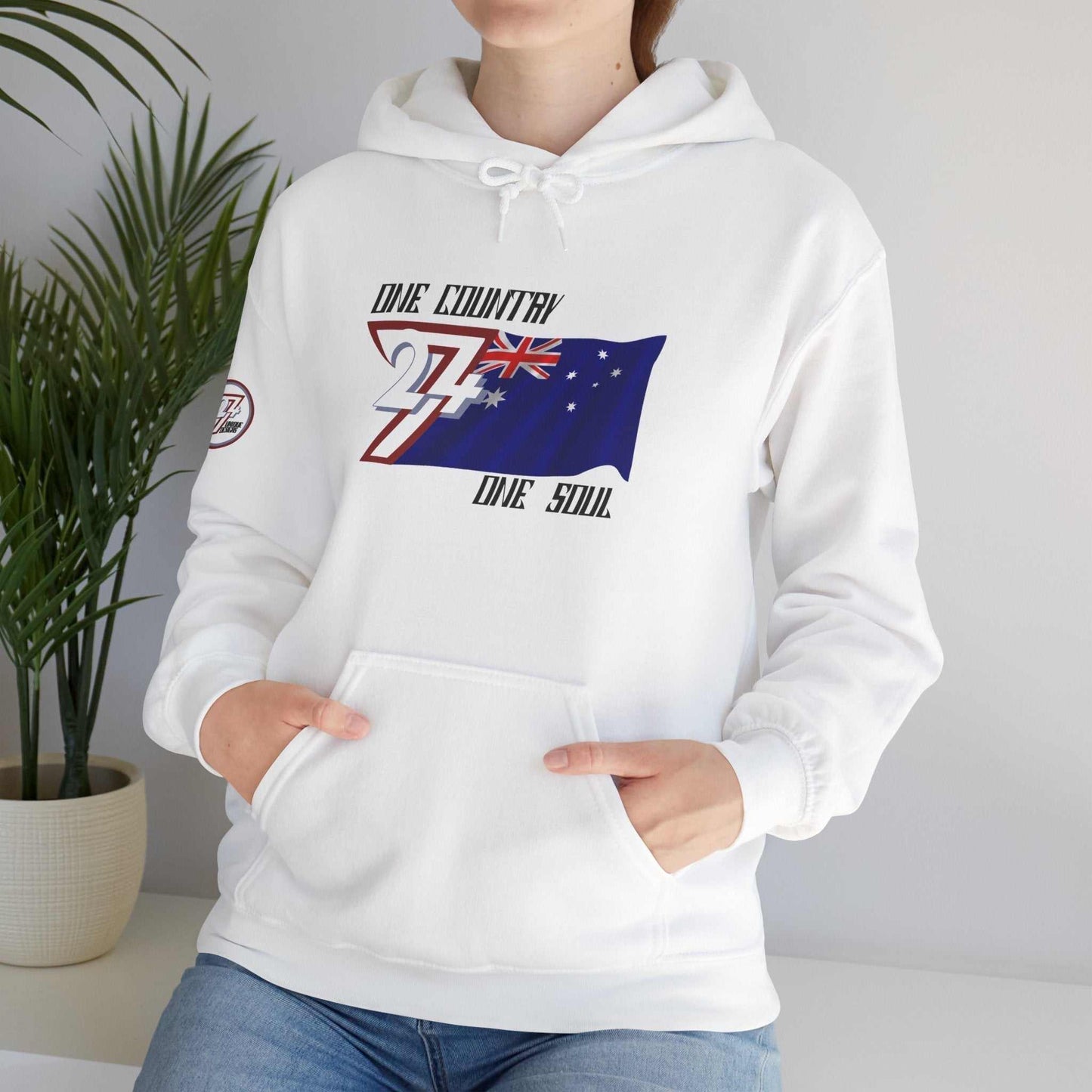 Model wearing the Australia "Everlasting" hoodie in White, styled for a modern streetwear look.