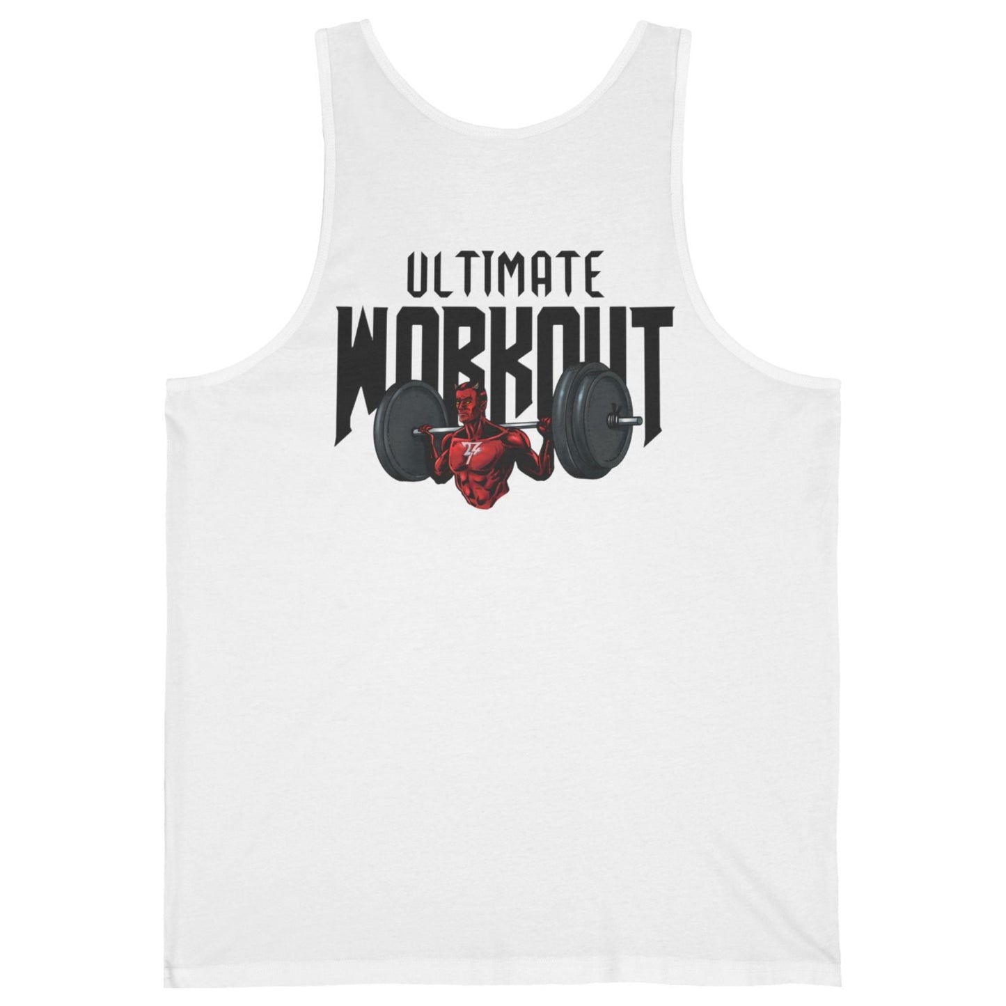 Back view of a white retro comic gym shirt showcasing the massive hand-drawn red character doing squats.