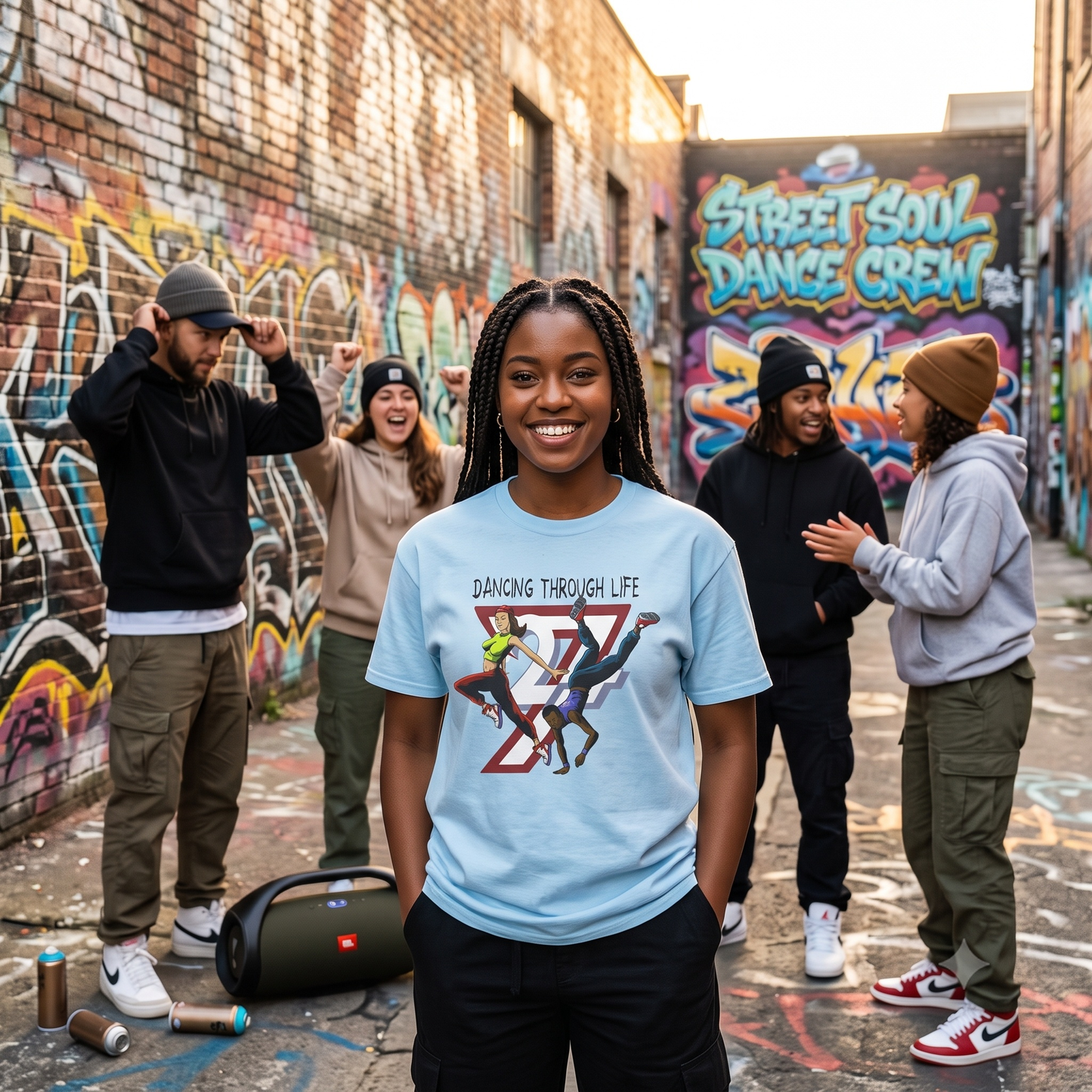 young woman standing in an alleyway, wearing the light blue urban streetwear comic art t-shirt while a crowd claps along