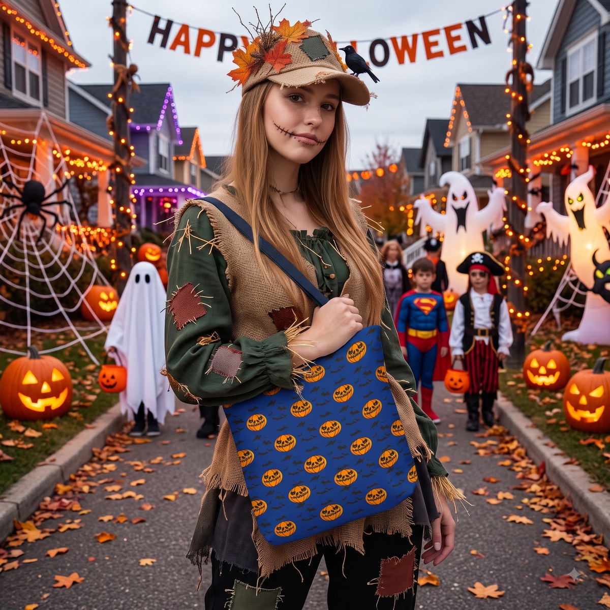Young woman dressed in a stylish scarecrow costume standing on a festive autumn street, carrying the vibrant Pumpkins and Bats Halloween Tote Bag while children trick-or-treat behind her.