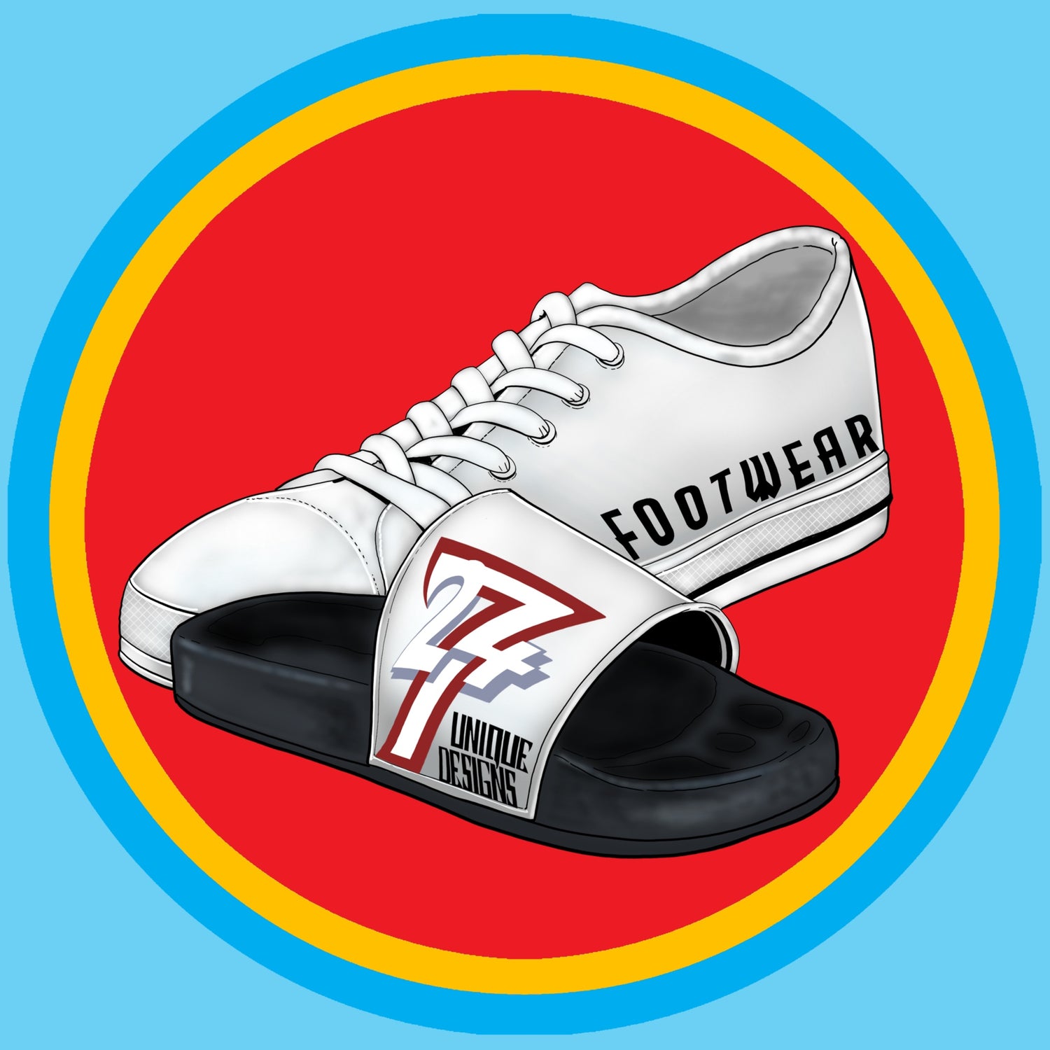 Main collection display of hand-drawn custom graphic footwear including sneakers and summer flip-flops by an independent artist