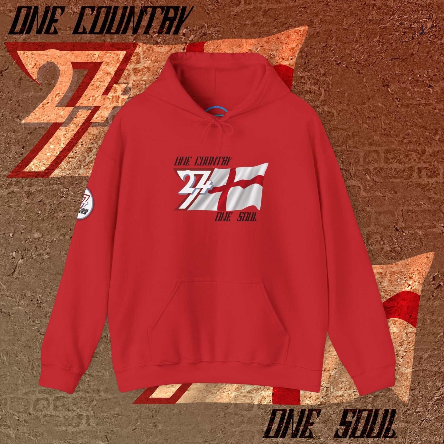 Red England pride hoodie with signature hand-drawn tricolor and 24/7 trademark branding.