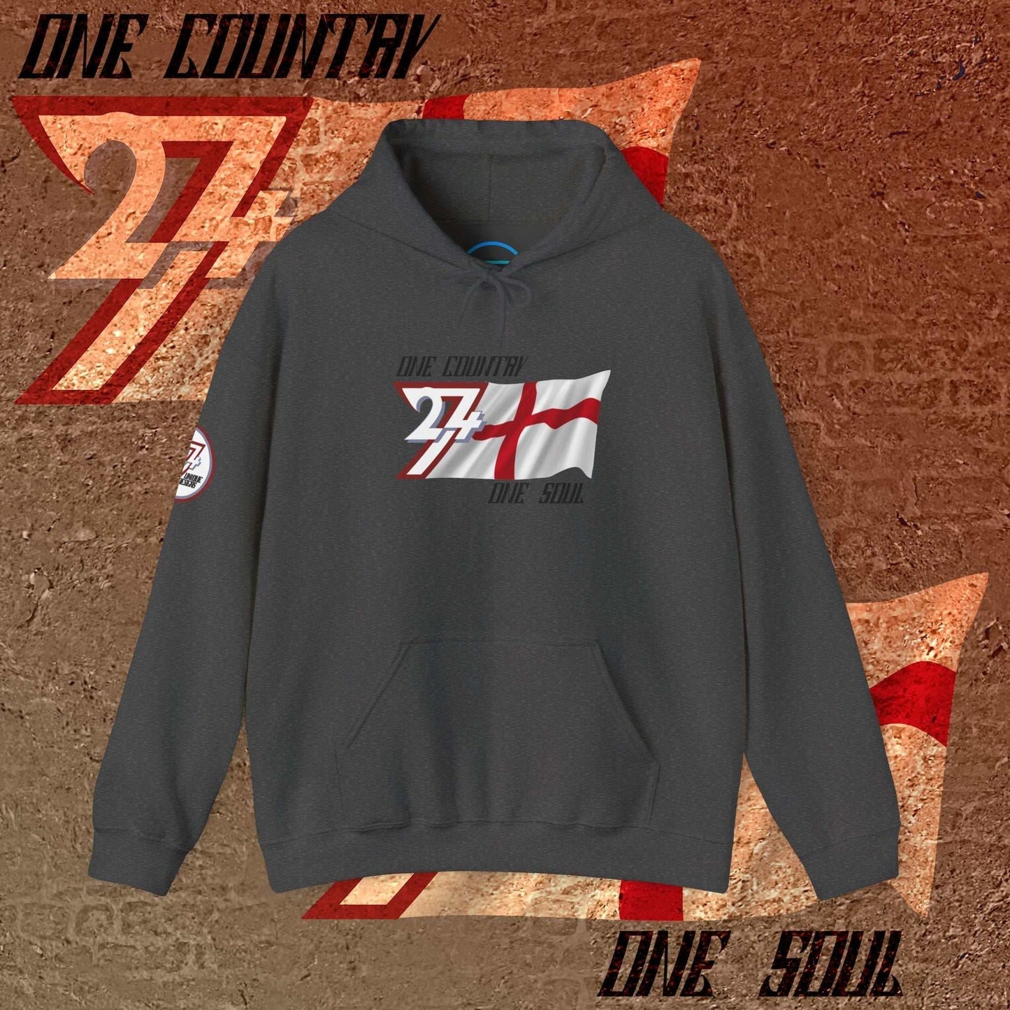 Charcoal England hoodie with hand-sketched flag and 24/7 "One Country One Soul" passion motto.
