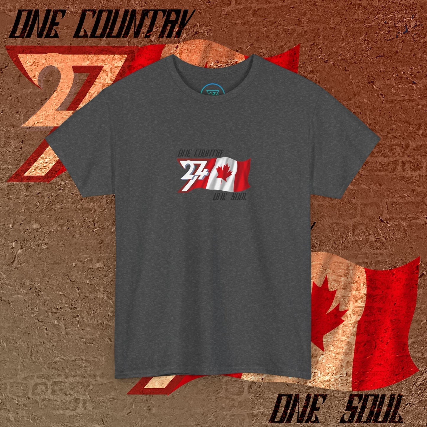 Digitally illustrated Canada graphic tee in Charcoal showing the hand-drawn flag and 24/7 branding.