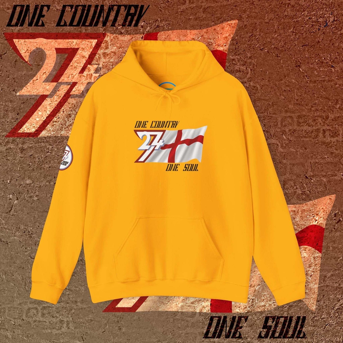 Luxury Gold England hoodie featuring the hand-drawn national symbol and passion motto.