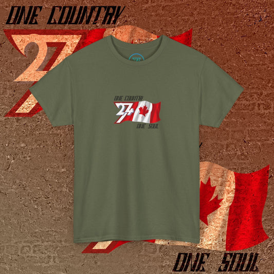 A polished Army Green Canada flag t-shirt with our signature hand-drawn art and "One Country One Soul" text.