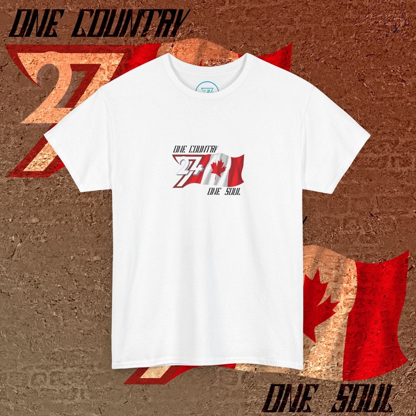 Full front view of the White Canada flag t-shirt featuring a refined hand-drawn design and "One Country One Soul" slogan.