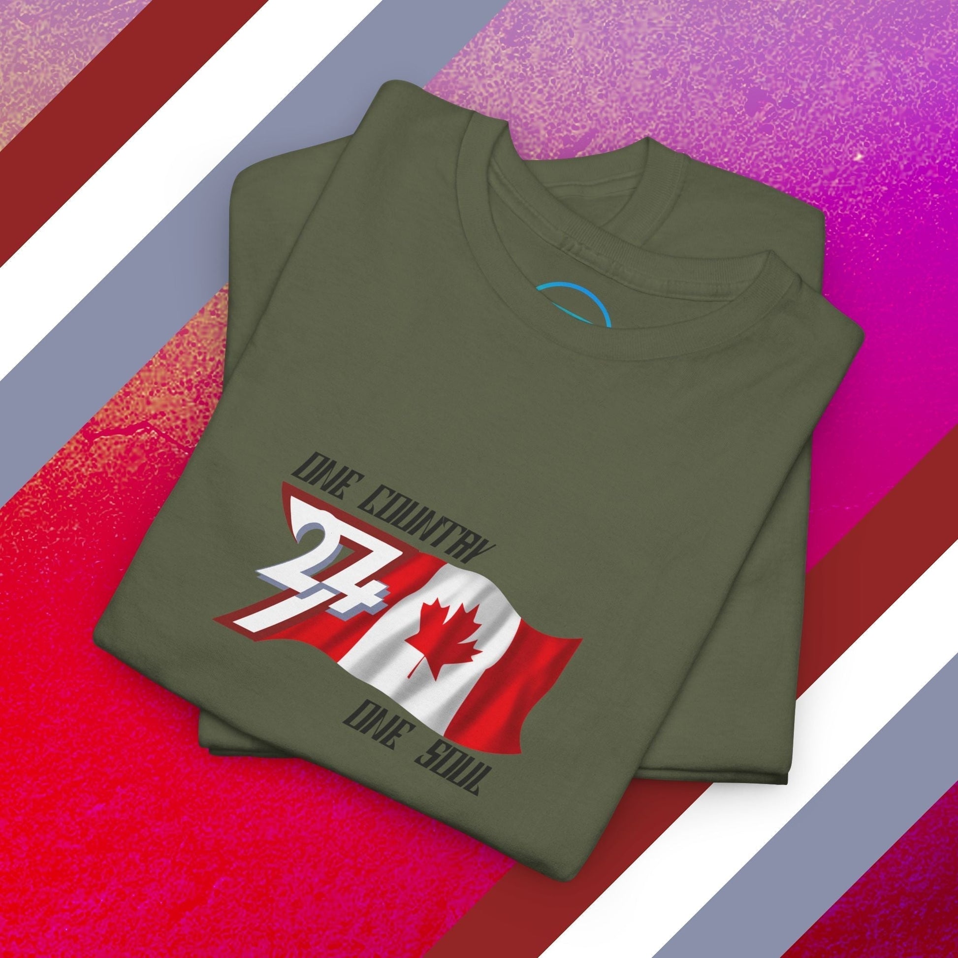A professional display of the Canada flag t-shirt in Army Green, folded to showcase the refined hand-drawn graphic and high-quality fabric finish.