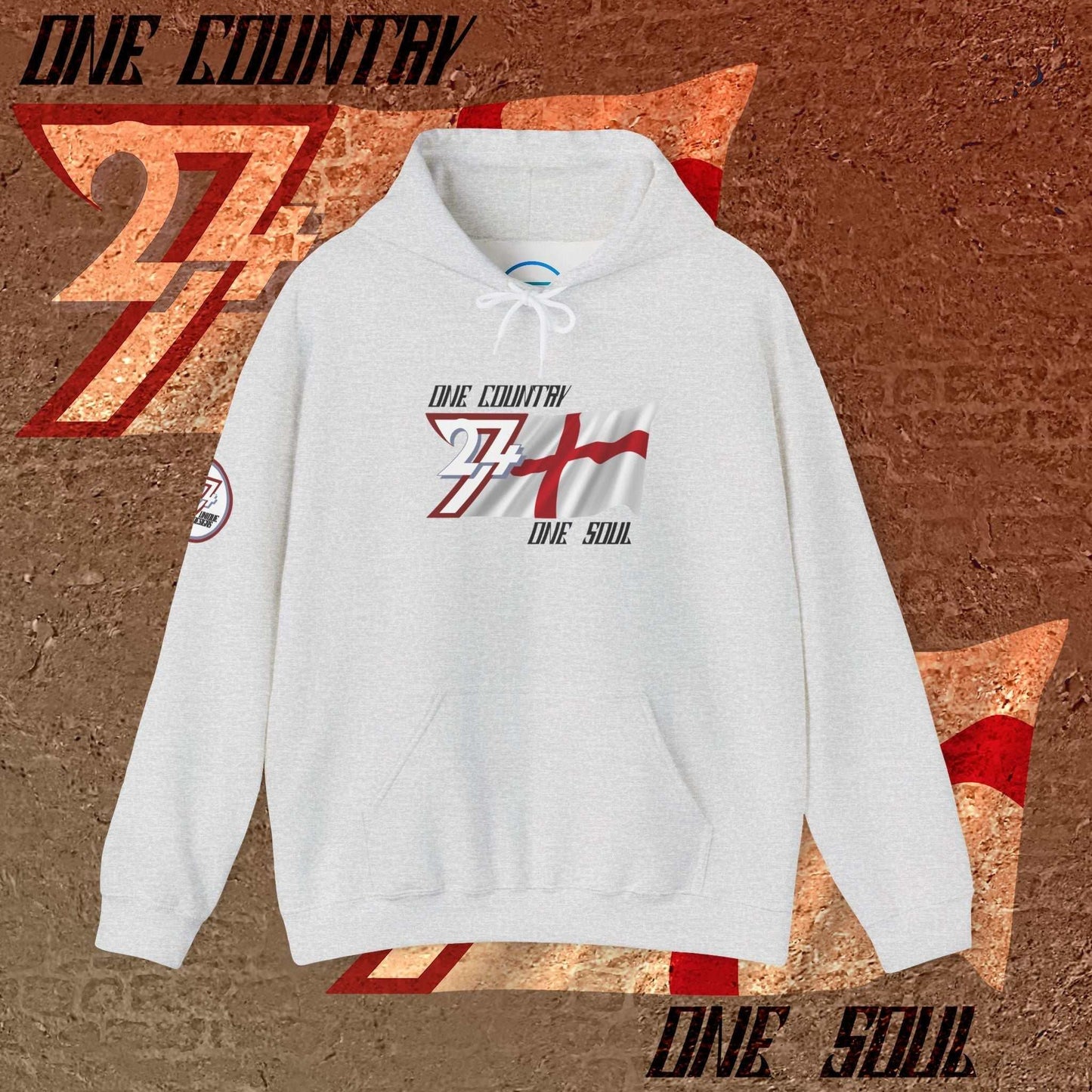 Light Heather Gray England hoodie showing the 60/40 blend and artist-original flag art.