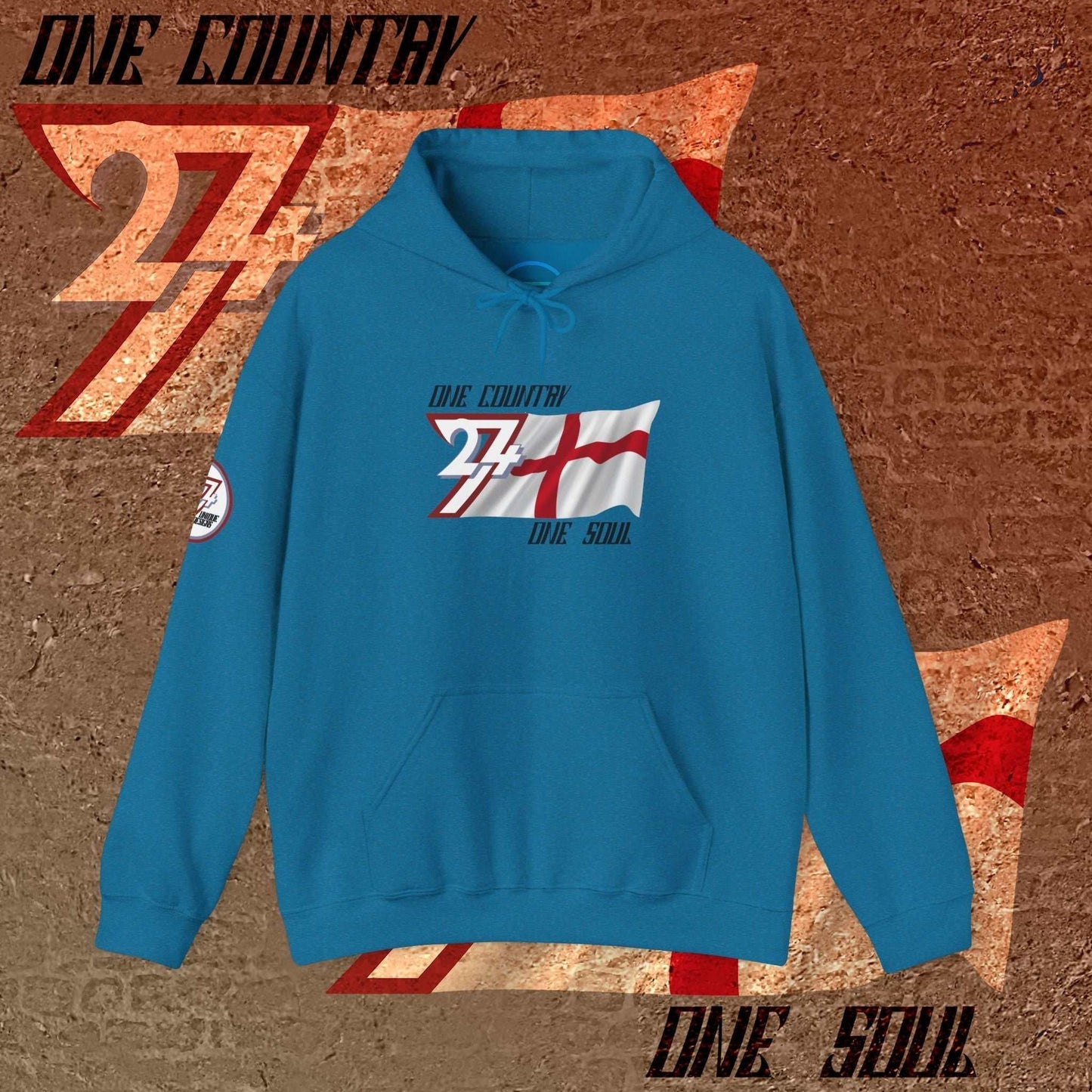 Ocean Blue England flag hoodie with intentional lines and premium 8oz drape.