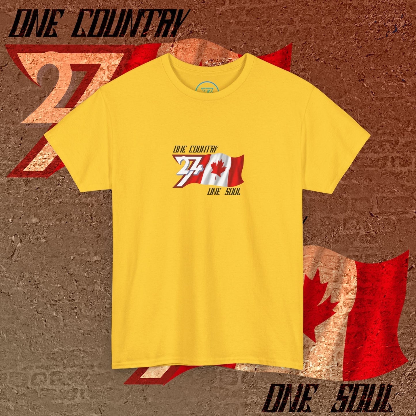 Front view of the Daisy Canada "Maple" edition shirt featuring the hand-drawn flag and national motto.