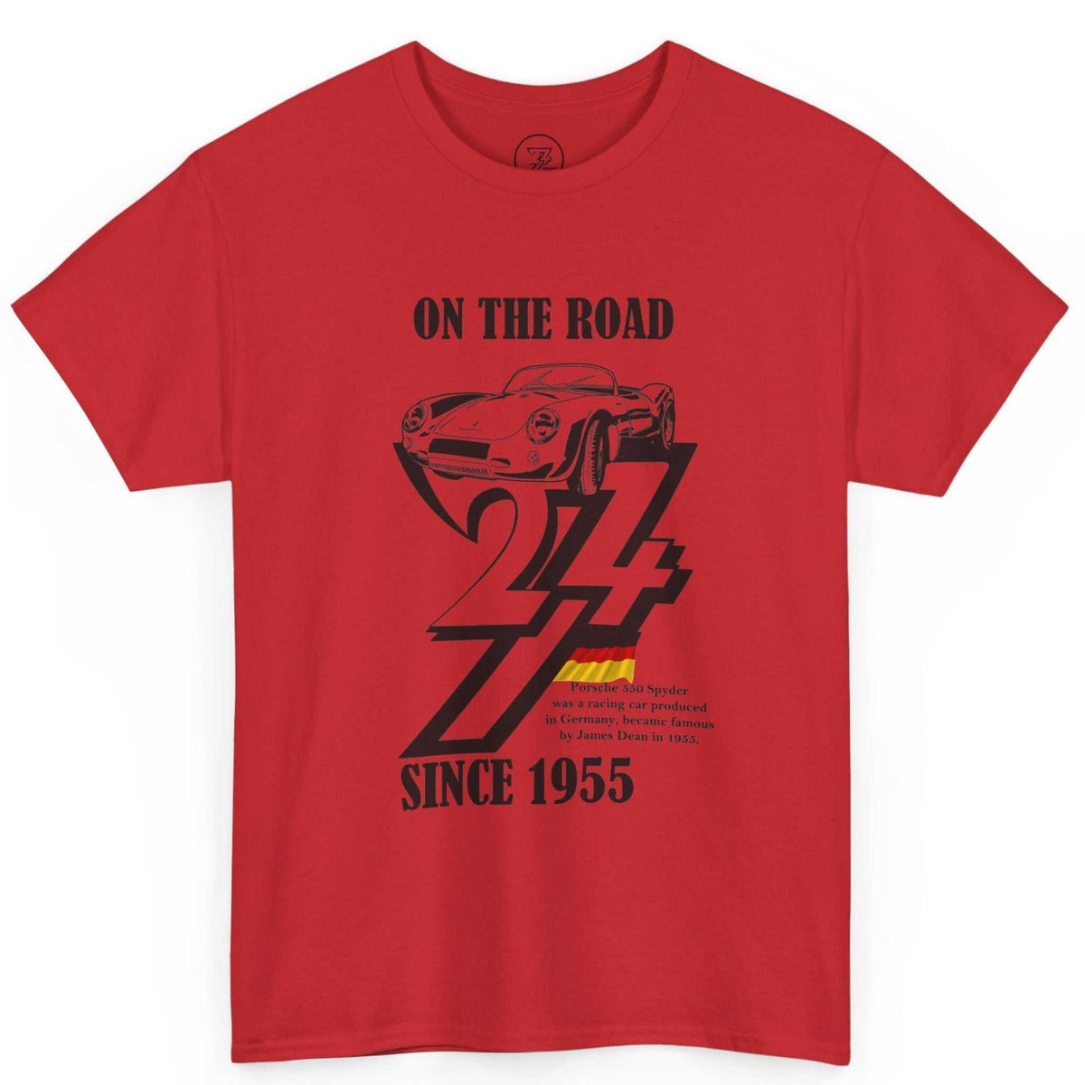 Front view of a vibrant red born in 1955 t-shirt featuring the black digital Porsche illustration, laid flat on a clean background.