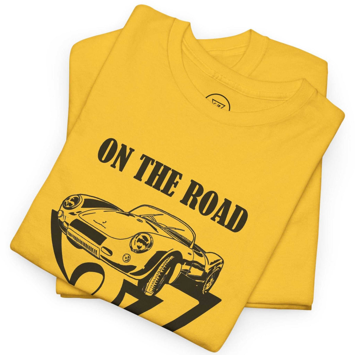 Neatly folded daisy yellow car enthusiast gift shirt highlighting the crisp black digital front print and durable cotton fabric, laid flat.