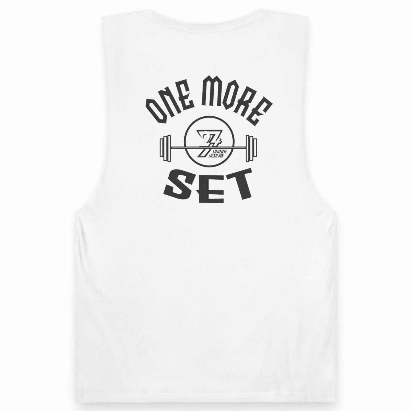 White 24/7 muscle tank with 'One More Set' text and barbell graphic on a white background